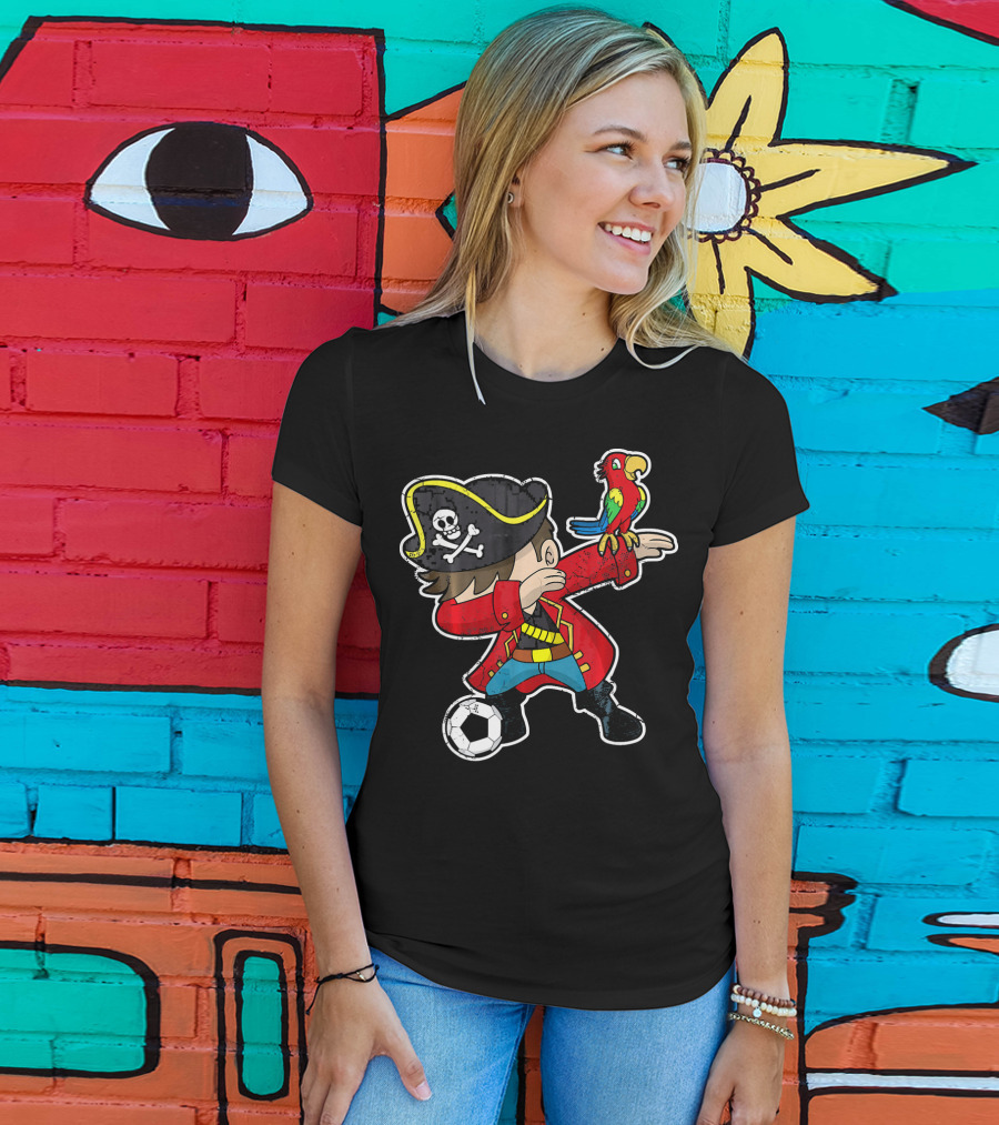Dabbing Soccer Pirate With Parrot And Skull Hat T-Shirt