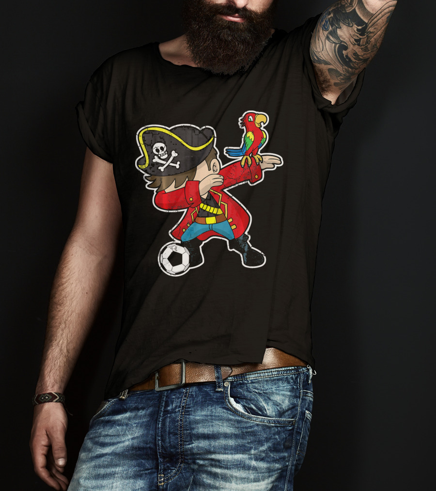 Dabbing Soccer Pirate With Parrot And Skull Hat T-Shirt