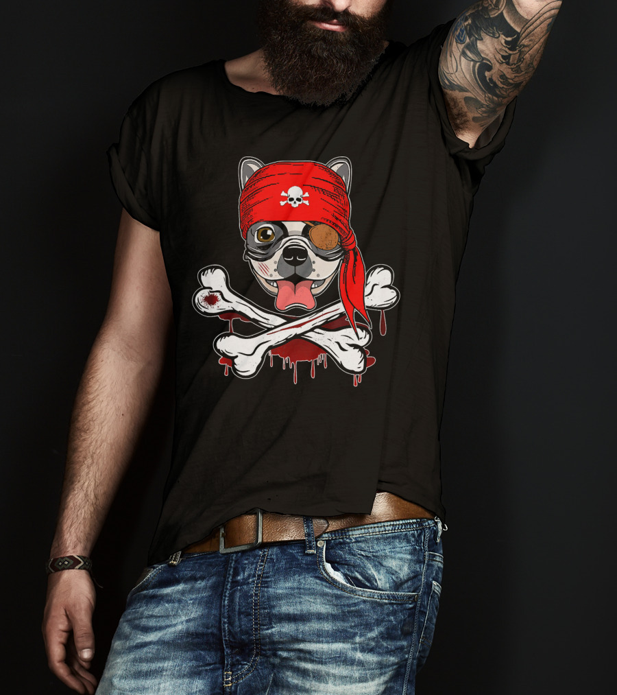 Funny Pirate French Bulldog With Skull Bandana And Crossbones T-Shirt