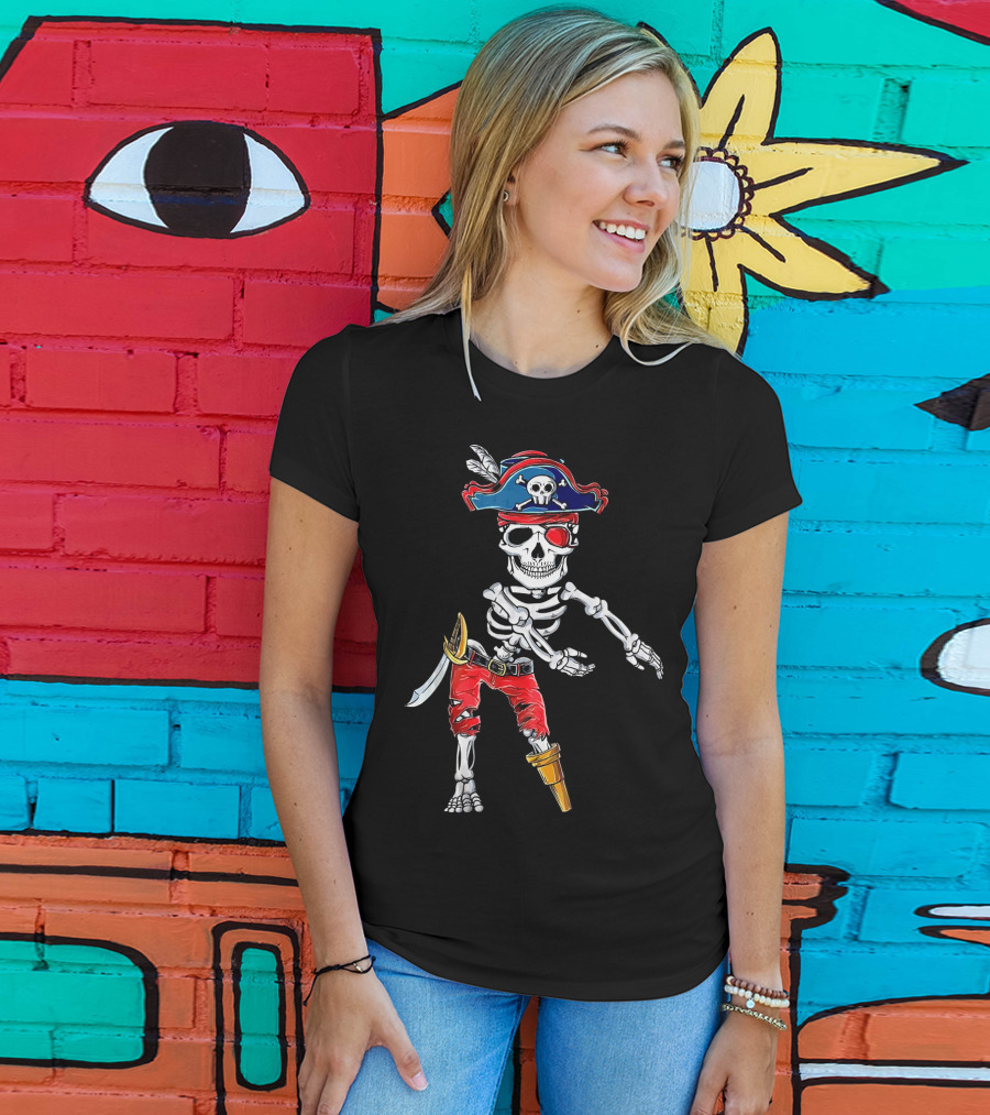 Pirate Skeleton Flossing Dance Red Pants Skull Hat Eyepatch Sword T-Shirt