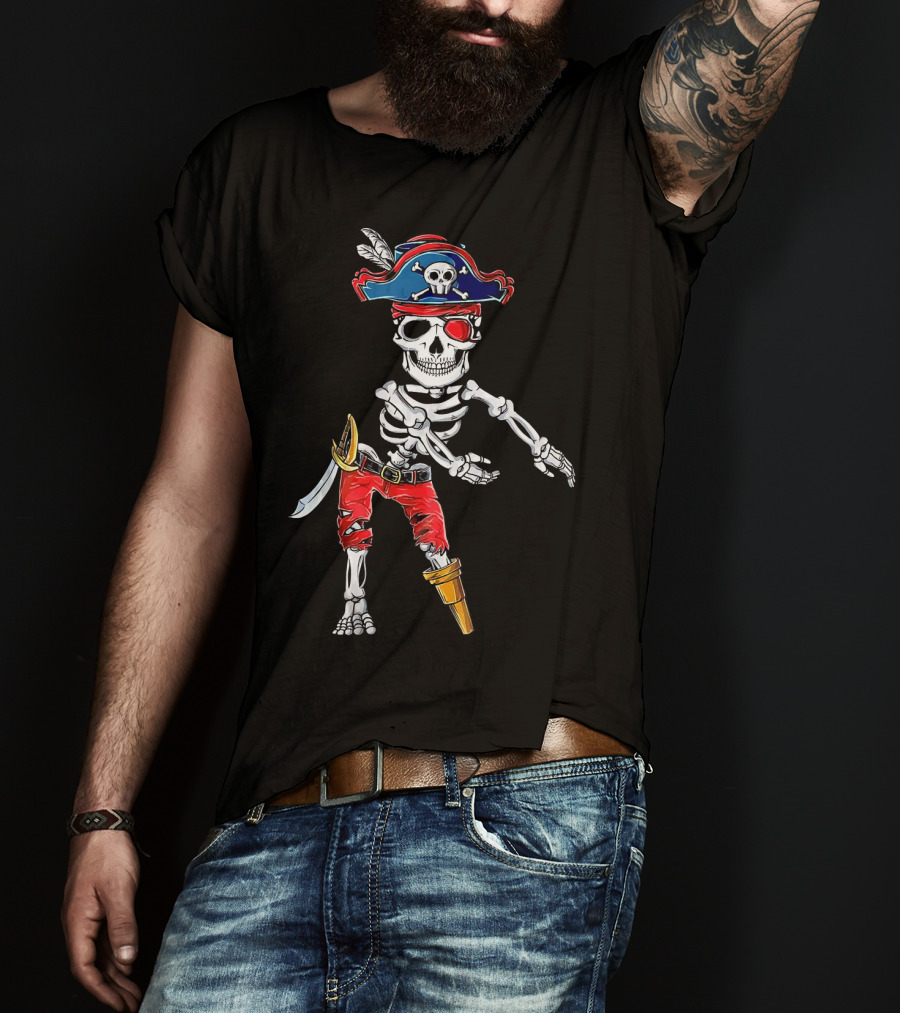 Pirate Skeleton Flossing Dance Red Pants Skull Hat Eyepatch Sword T-Shirt