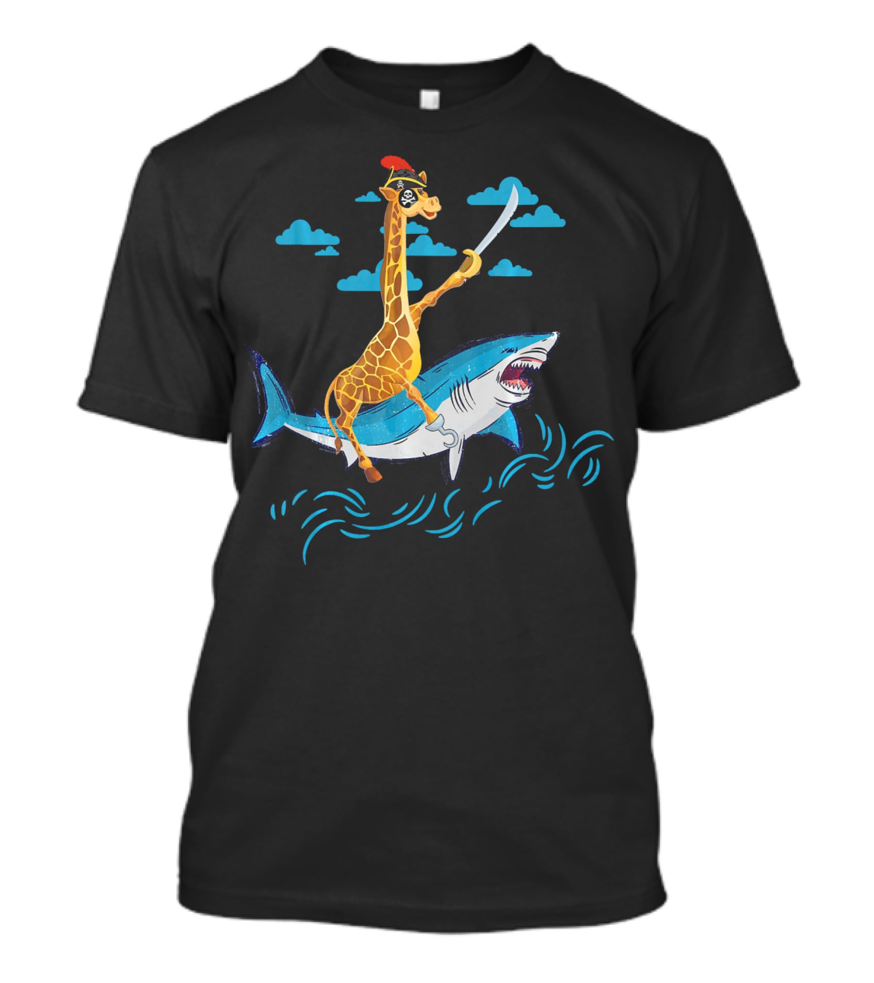 Giraffe Pirate Riding Shark With Sword Adventure T-Shirt