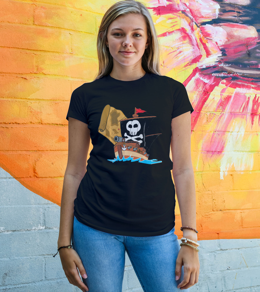 Pirate Ship With Jolly Roger And Treasure Map T-Shirt