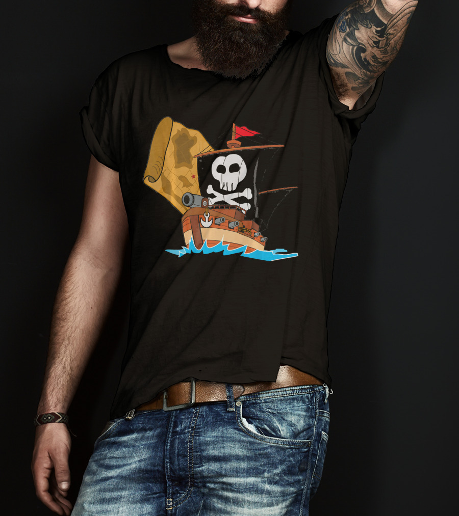 Pirate Ship With Jolly Roger And Treasure Map T-Shirt