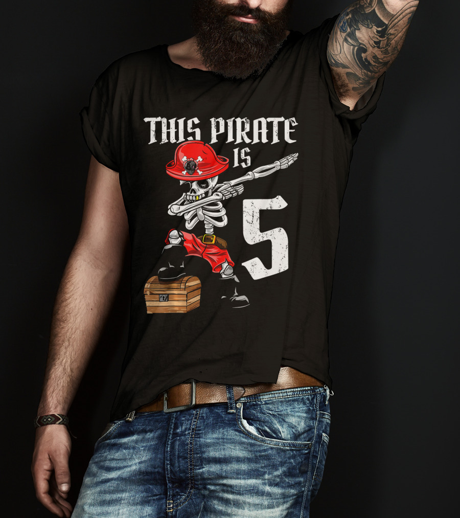 This Pirate Is 5 Dabbing Skeleton Pirate With Red Hat And Treasure Chest T-Shirt