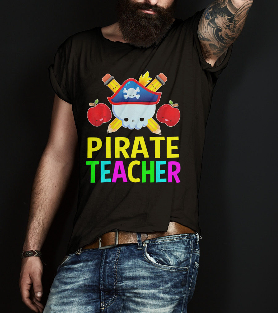 Pirate Teacher Halloween Costume Skull Pencils Apples T-Shirt
