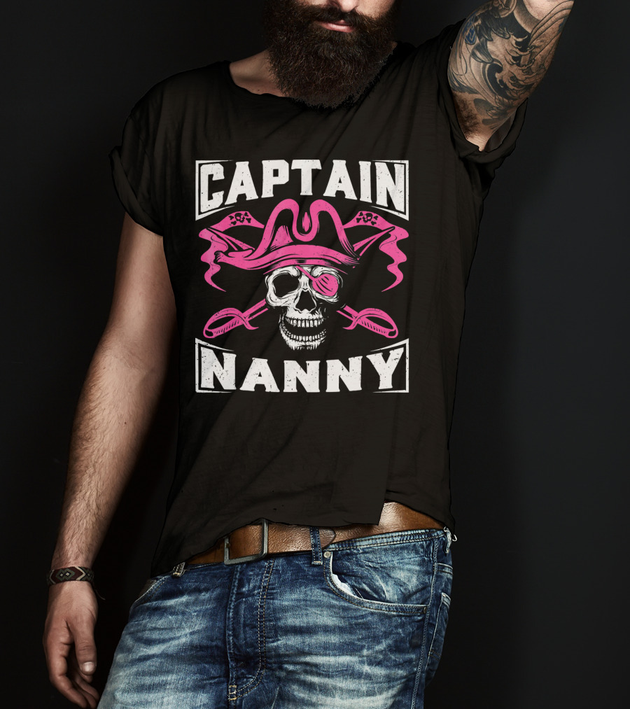 Captain Nanny Skull Pink Pirate Hat Crossed Swords T-Shirt