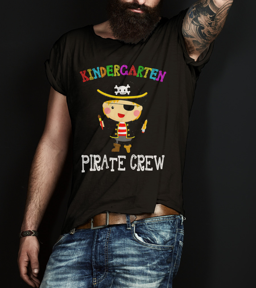 Kindergarten Pirate Crew Sketched Colorful Text With Pirate Boy Holding Crayons T-Shirt