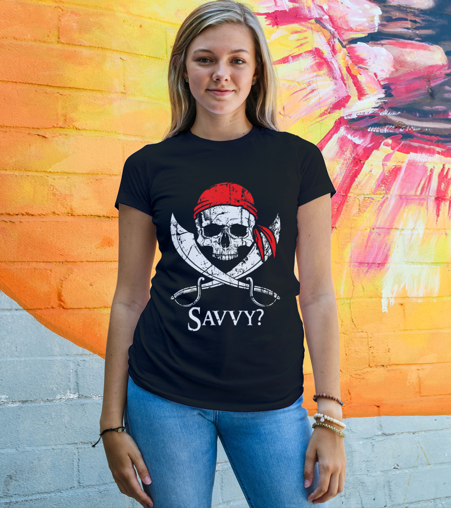 Savvy Pirate Skull And Crossbones With Red Bandana And Swords T-Shirt