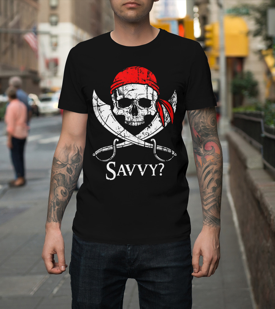 Savvy Pirate Skull And Crossbones With Red Bandana And Swords T-Shirt