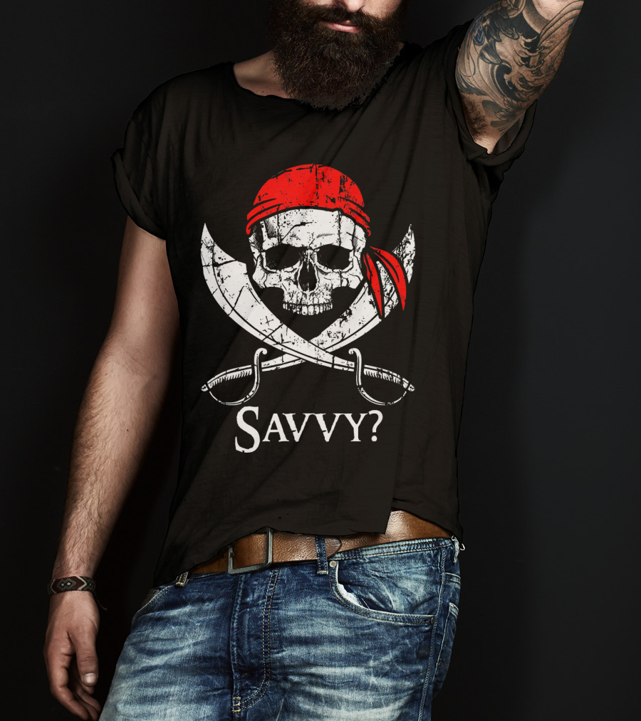 Savvy Pirate Skull And Crossbones With Red Bandana And Swords T-Shirt