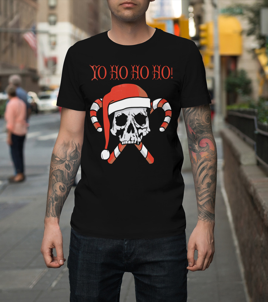 Yo Ho Ho Ho Christmas Pirate Santa Skull With Candy Canes T-Shirt