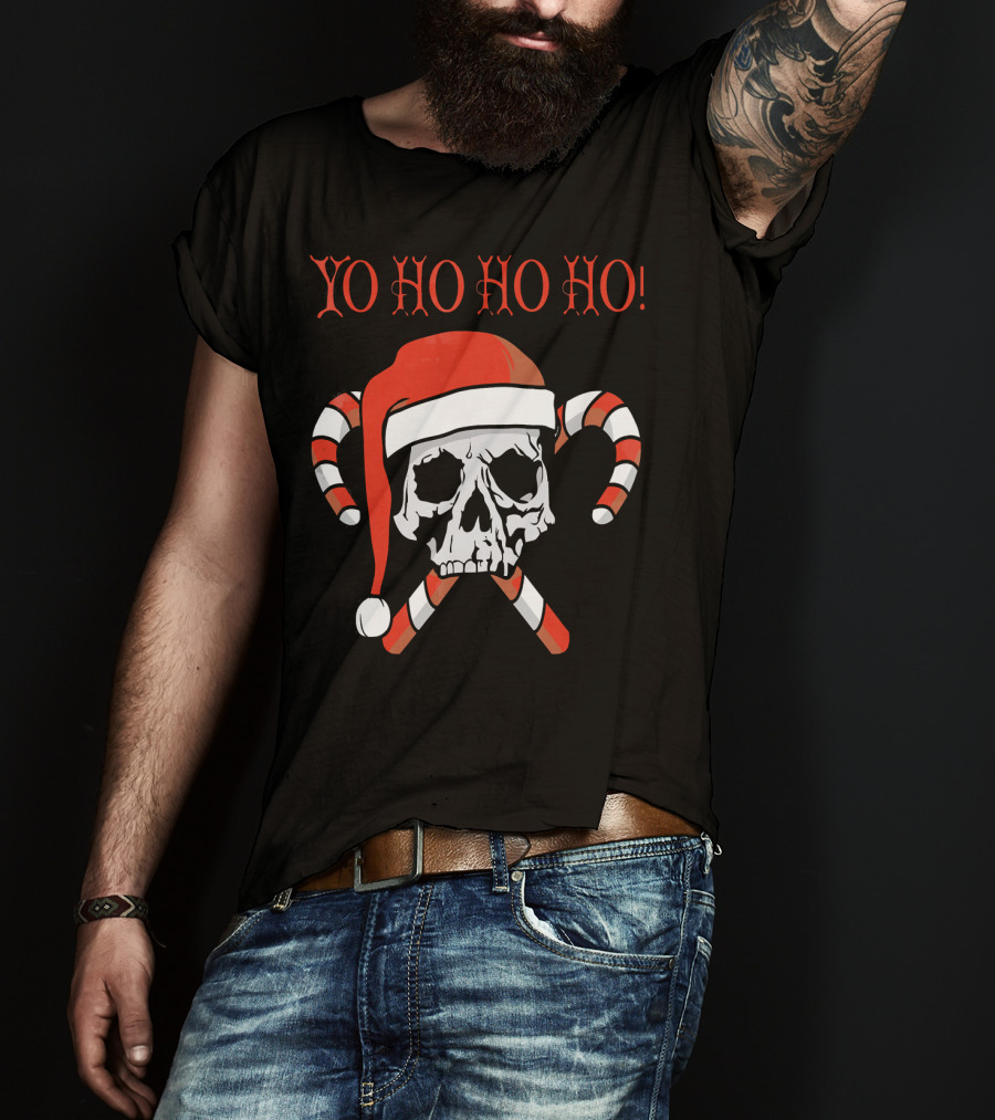 Yo Ho Ho Ho Christmas Pirate Santa Skull With Candy Canes T-Shirt