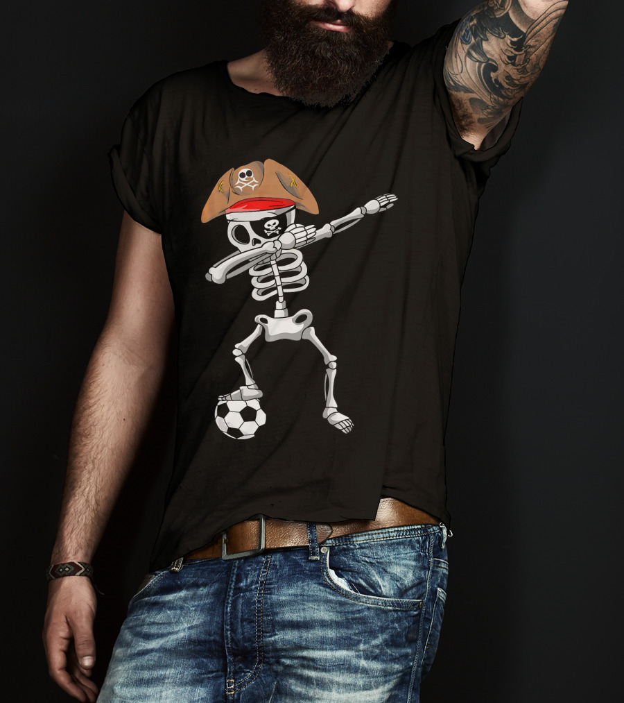 Skull Soccer Pirate Skeleton Dabbing With Eye Patch And Hat T-Shirt