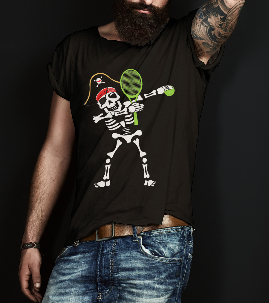 Tennis Dabbing Skeleton With Pirate Hat And Racket T-Shirt