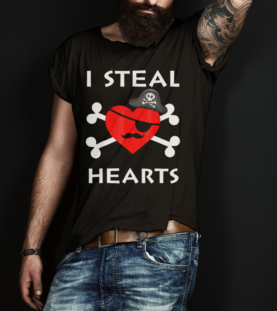 I Steal Hearts Valentine Day Pirate Eyepatch Skull Crossbones T-Shirt
