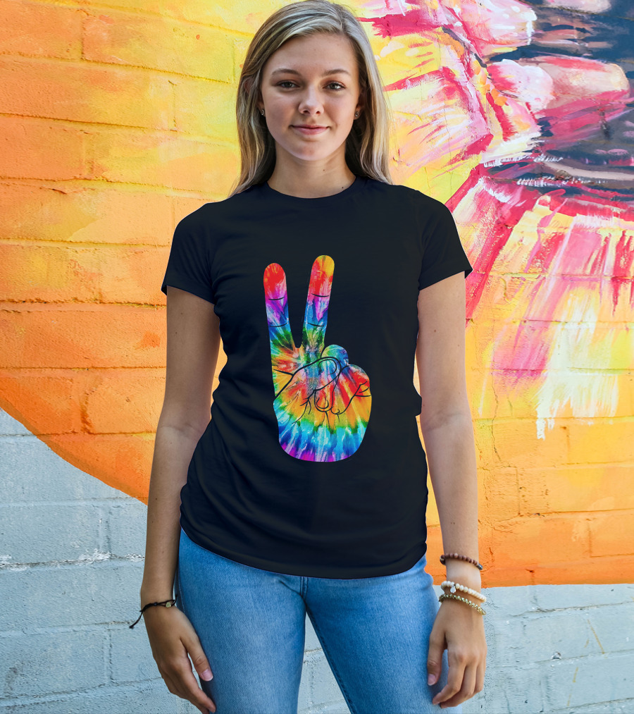 Tie Dye Peace Sign Hand V Victory Love Rainbow T-Shirt