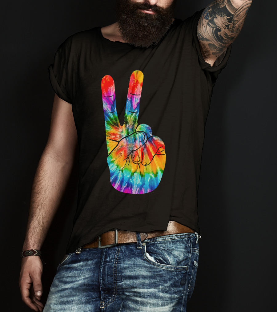 Tie Dye Peace Sign Hand V Victory Love Rainbow T-Shirt