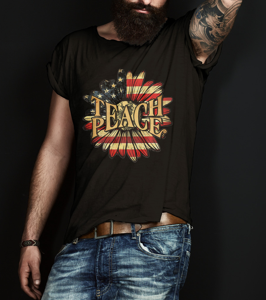 Teach Peace American Flag Flower Blossoms T-Shirt