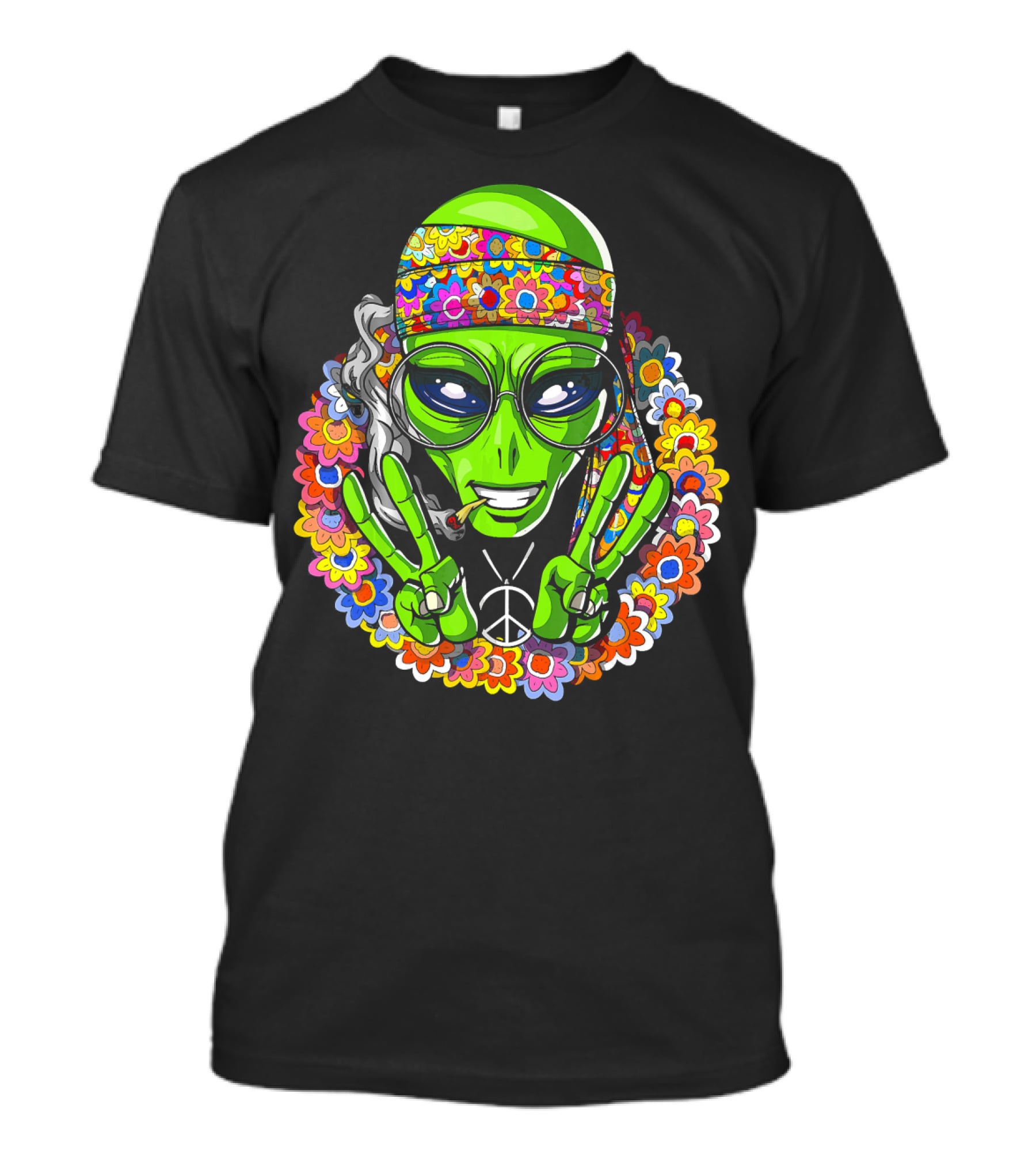 Hippie Alien Peace Sign Psychedelic Flowers Smoking Groovy T-Shirt