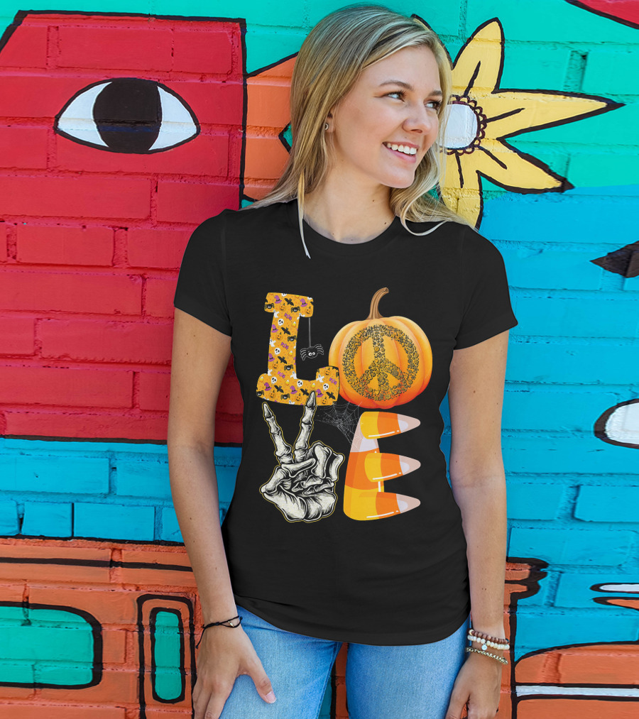 LOVE Halloween Peace Pumpkin Skeleton V Candy Corn T-Shirt