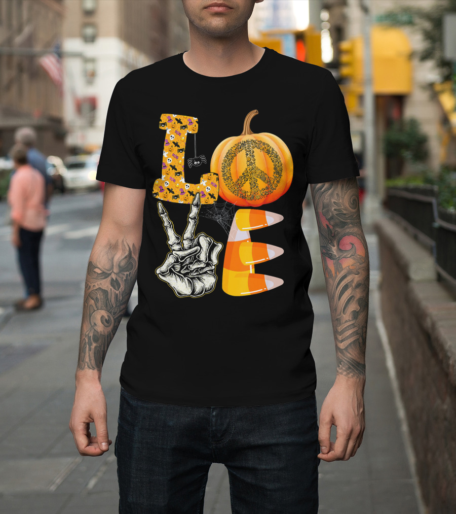 LOVE Halloween Peace Pumpkin Skeleton V Candy Corn T-Shirt