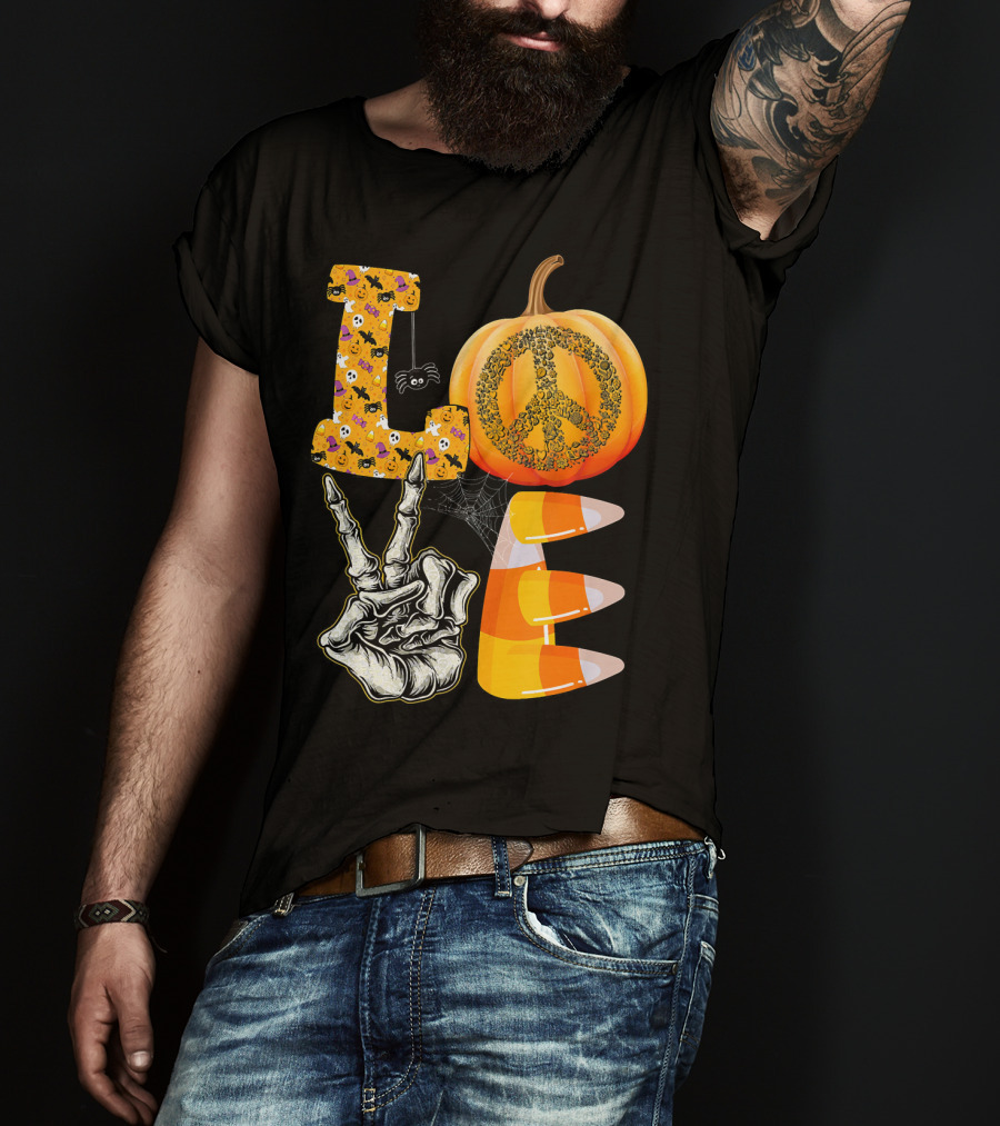 LOVE Halloween Peace Pumpkin Skeleton V Candy Corn T-Shirt