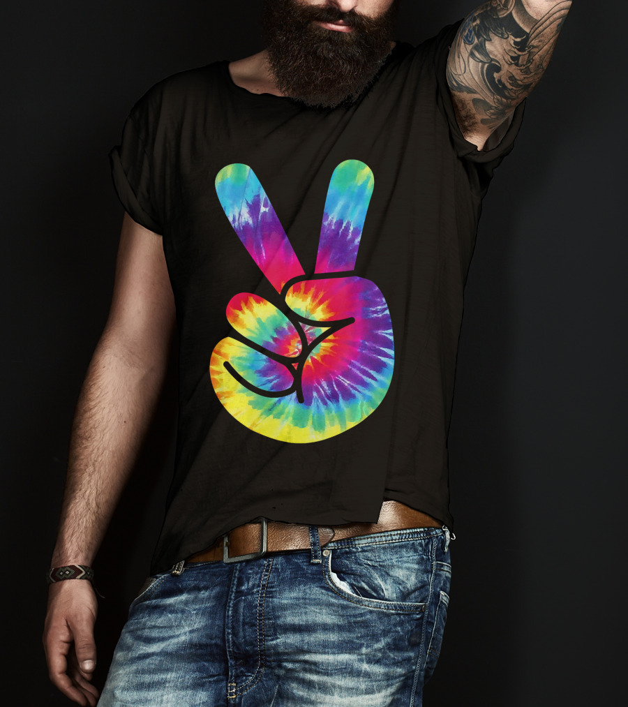 Groovy Tie Dye Peace Sign Two Finger Gesture T-Shirt