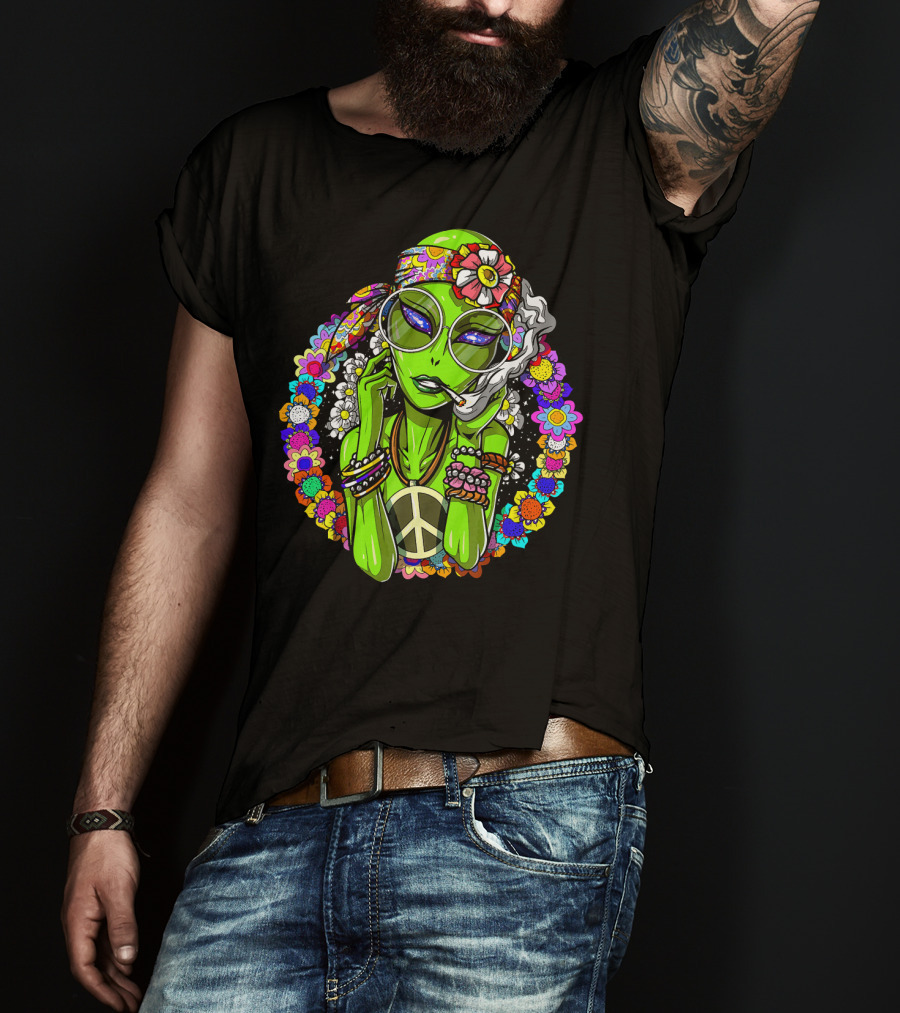 Psychedelic Hippie Alien Smoking With Peace Symbol Surrounded By Vibrant Flowers T-Shirt