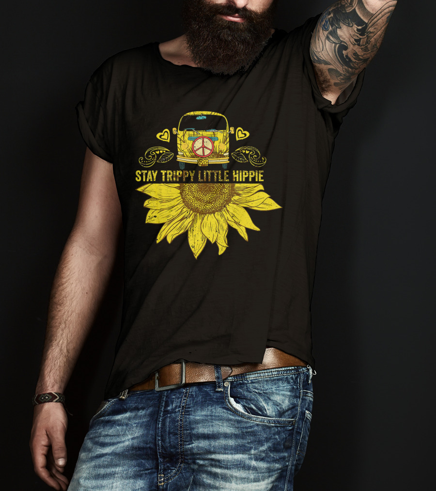 Stay Trippy Little Hippie Peace Sign Bus With Sunflower And Hearts T-Shirt