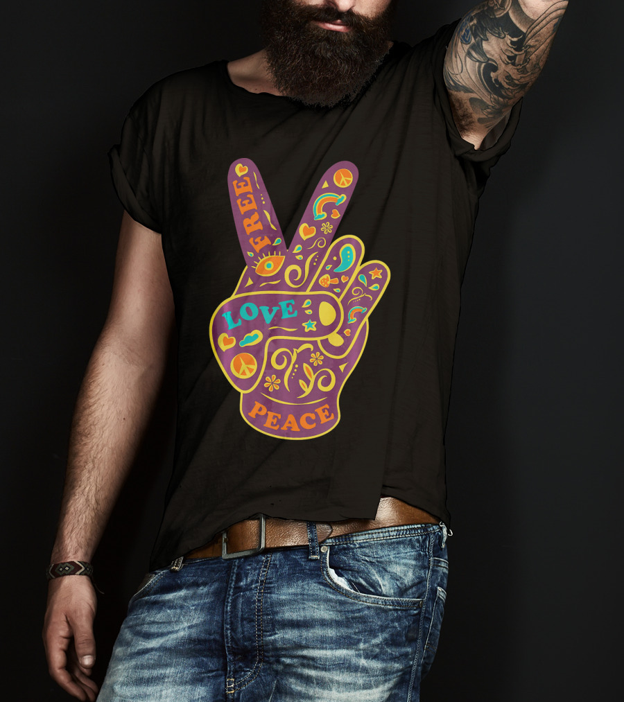 Free Love Peace Bohemian Boho Chic Peace Sign Hand T-Shirt