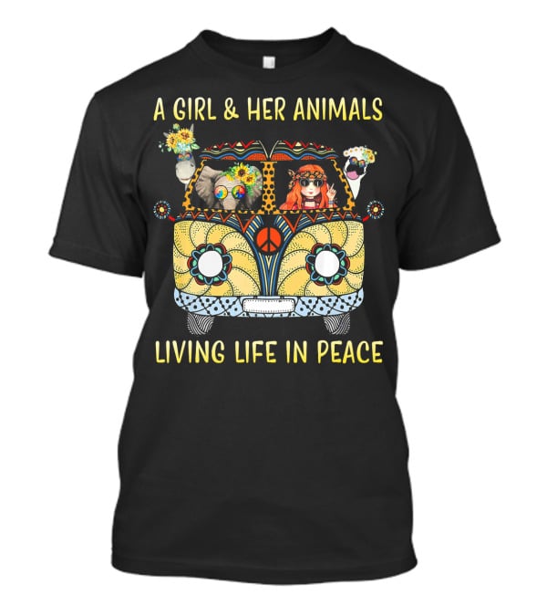 A Girl And Her Animals In A Hippie Van Living Life In Peace T-Shirt