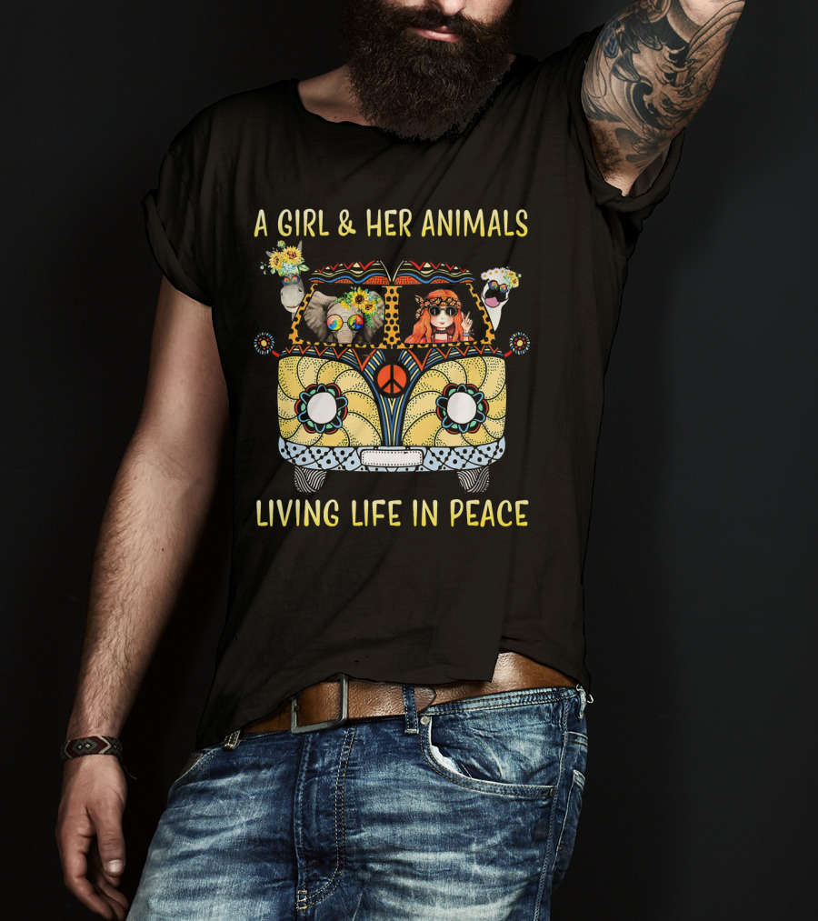 A Girl And Her Animals In A Hippie Van Living Life In Peace T-Shirt
