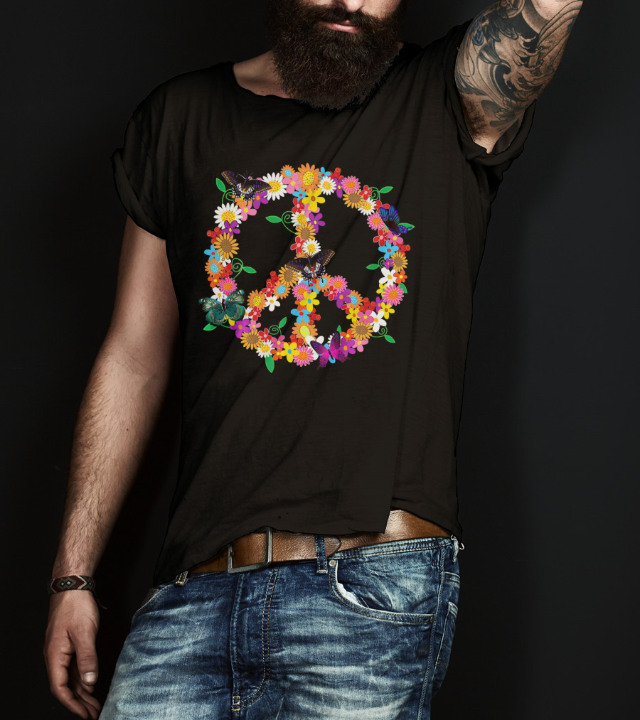 Fluttering Spring Flowers Peace Sign T-Shirt