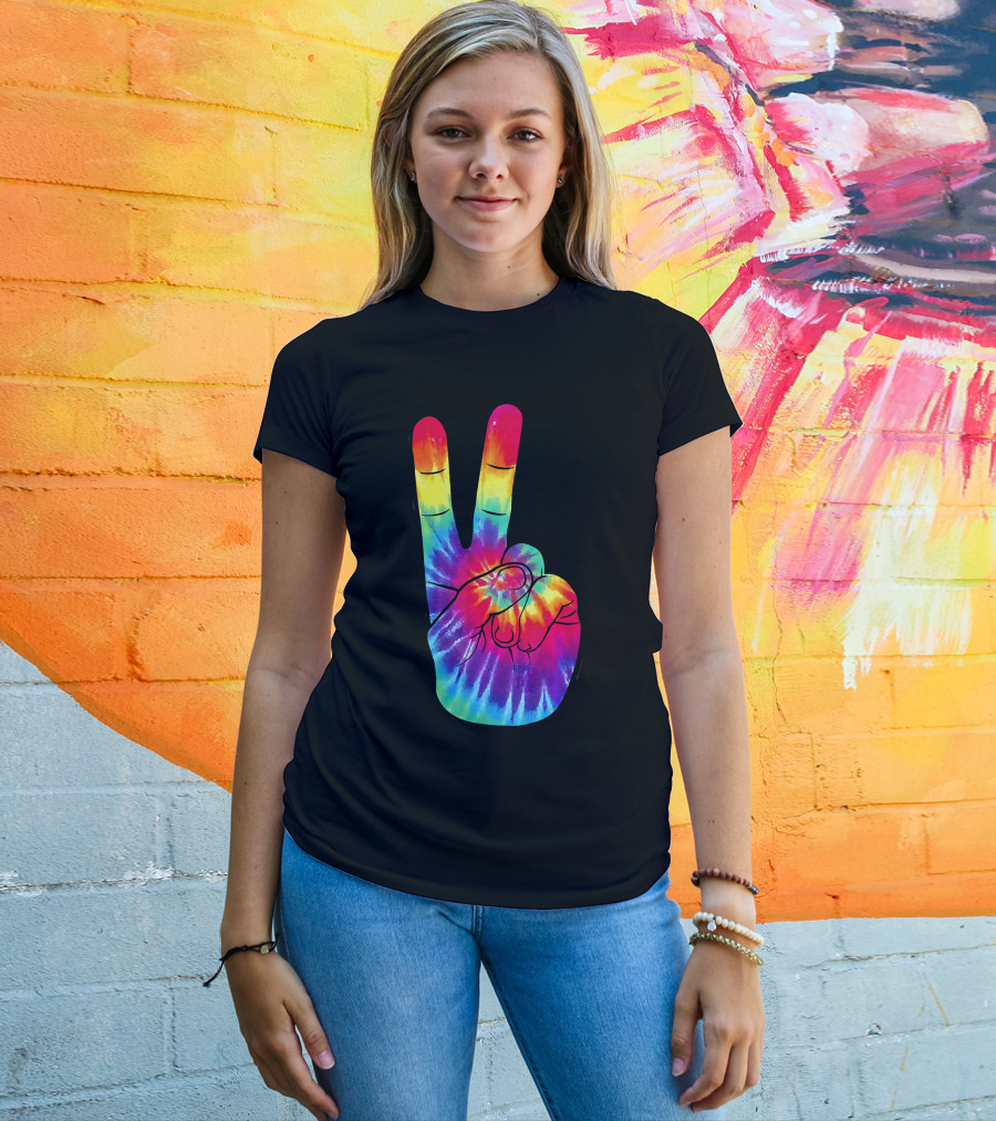 Tie Dye Peace Sign Hand Gesture Rainbow Victory T-Shirt