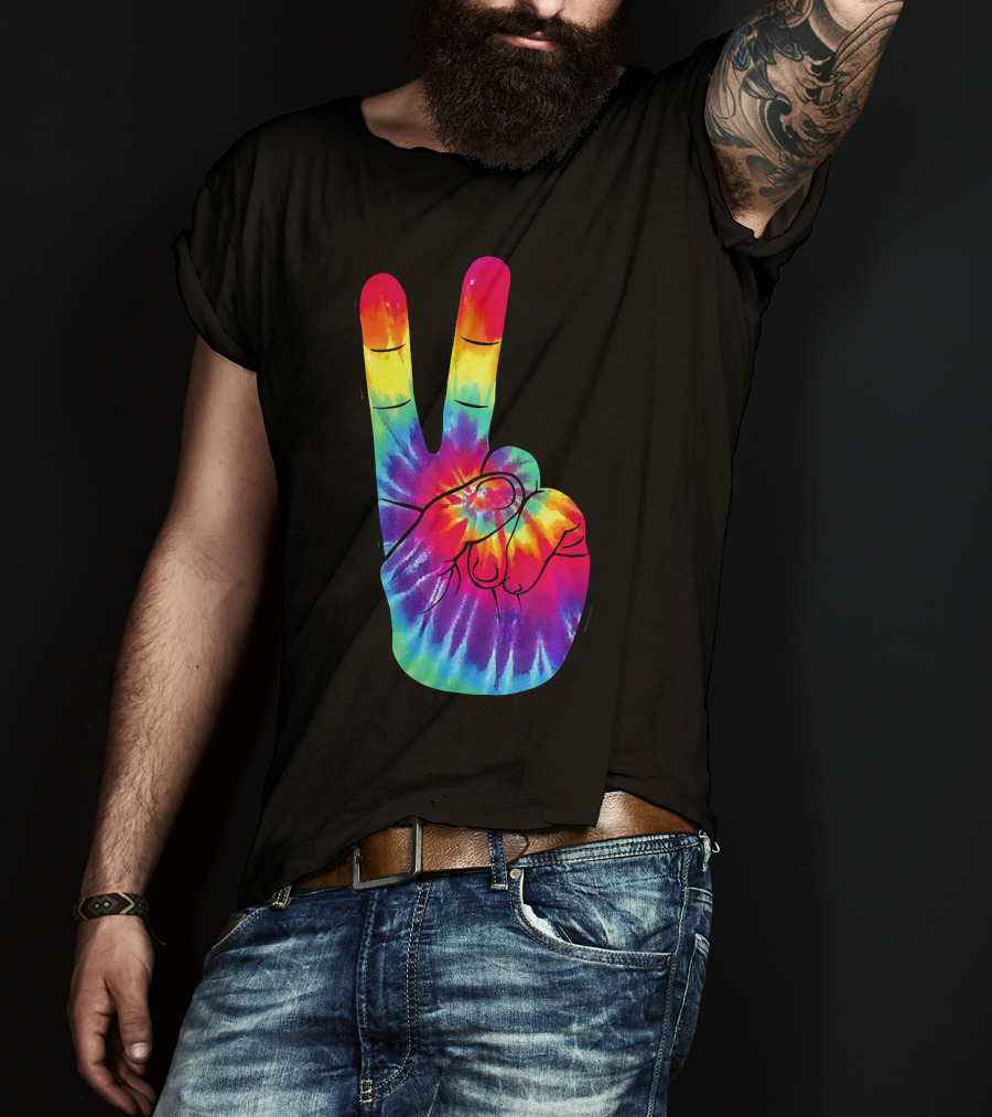 Tie Dye Peace Sign Hand Gesture Rainbow Victory T-Shirt