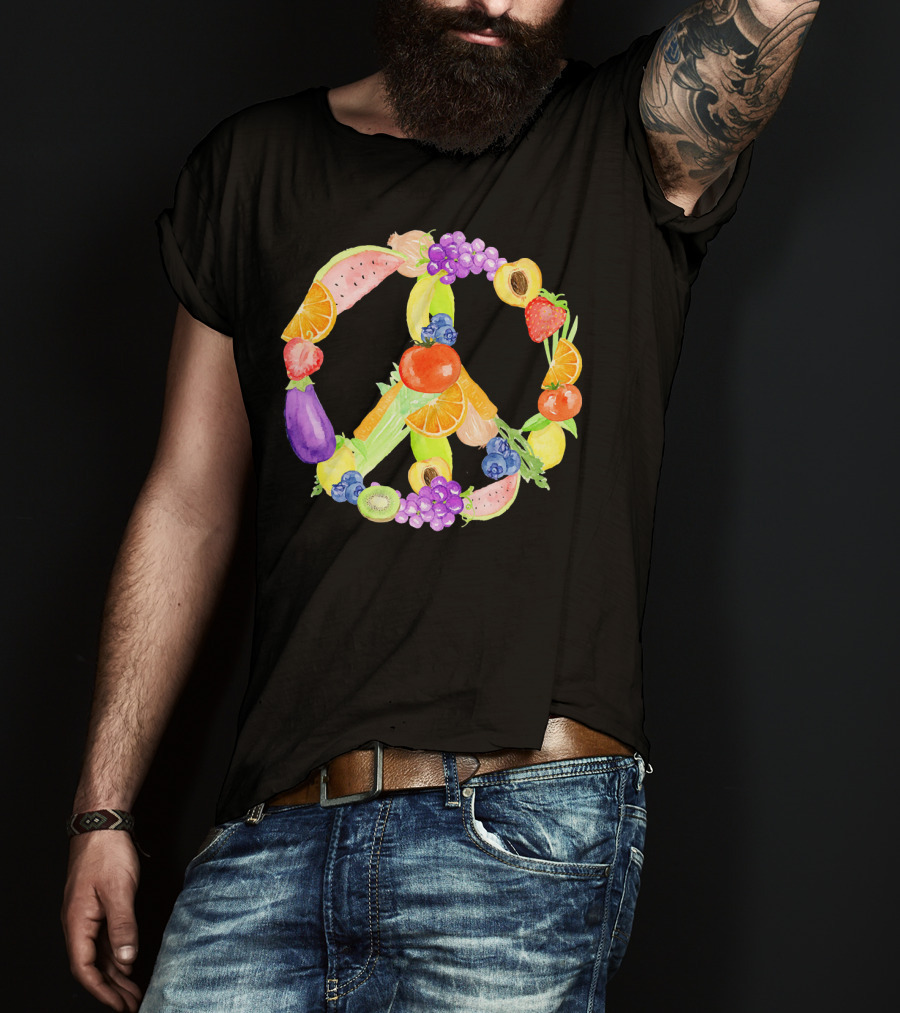 Vegan Fruits Vegetables Peace Sign Watermelon Orange Strawberry Eggplant Banana Kiwi T-Shirt