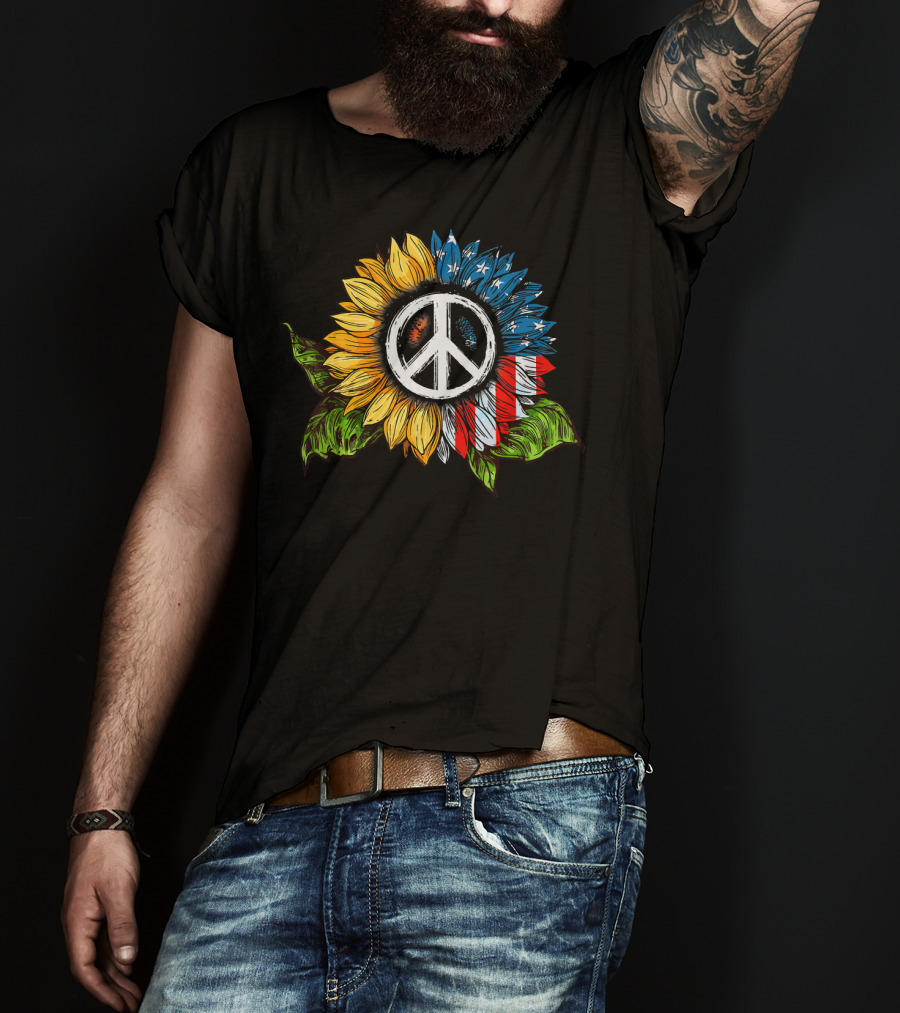 Sunflower Peace Sign American Flag T-Shirt