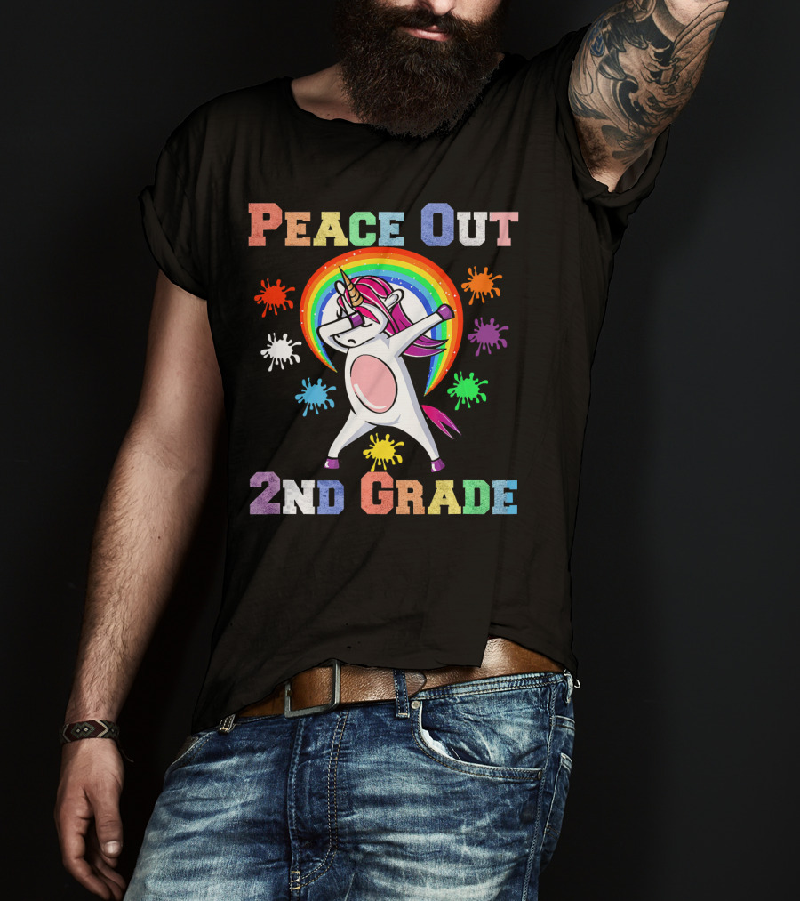 Peace Out 2nd Grade Unicorn Dabbin Rainbow Splash T-Shirt