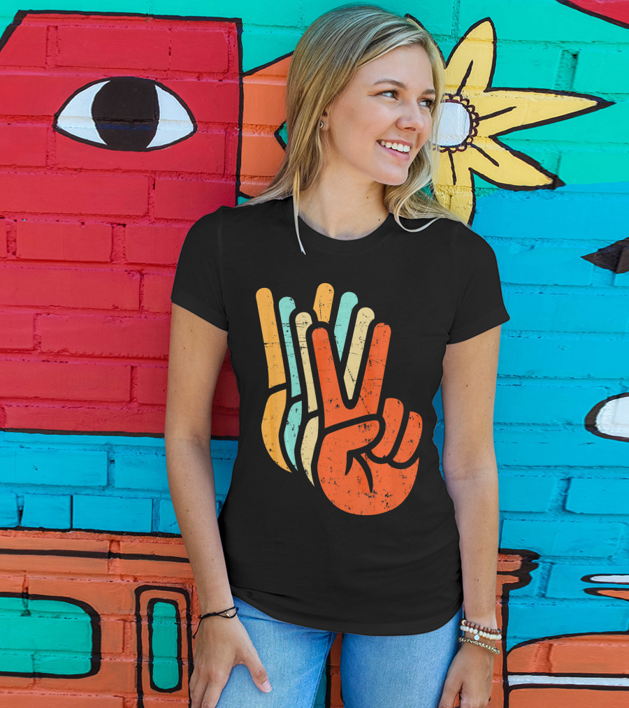 Retro Vintage Multicolor Peace Sign Hand T-Shirt