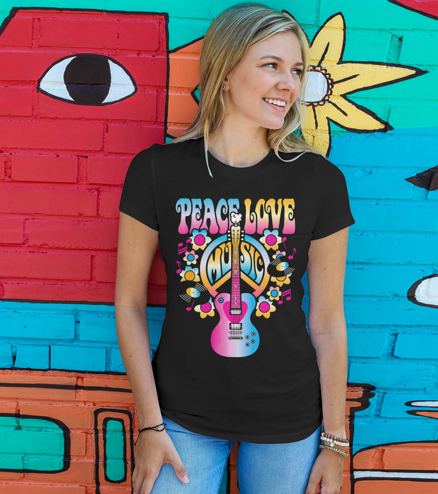 PEACE LOVE MUSIC Retro Rock And Roll Guitar Groovy 60s Style With Flowers And Peace T-Shirt