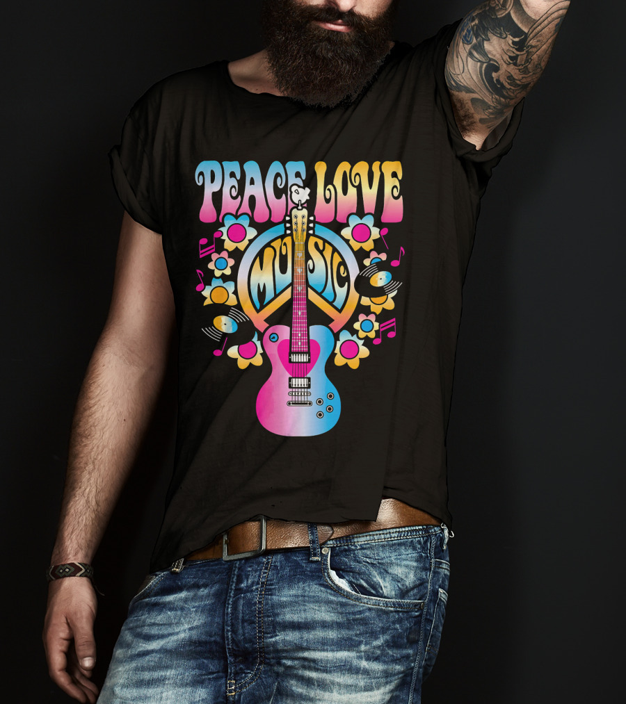 PEACE LOVE MUSIC Retro Rock And Roll Guitar Groovy 60s Style With Flowers And Peace T-Shirt