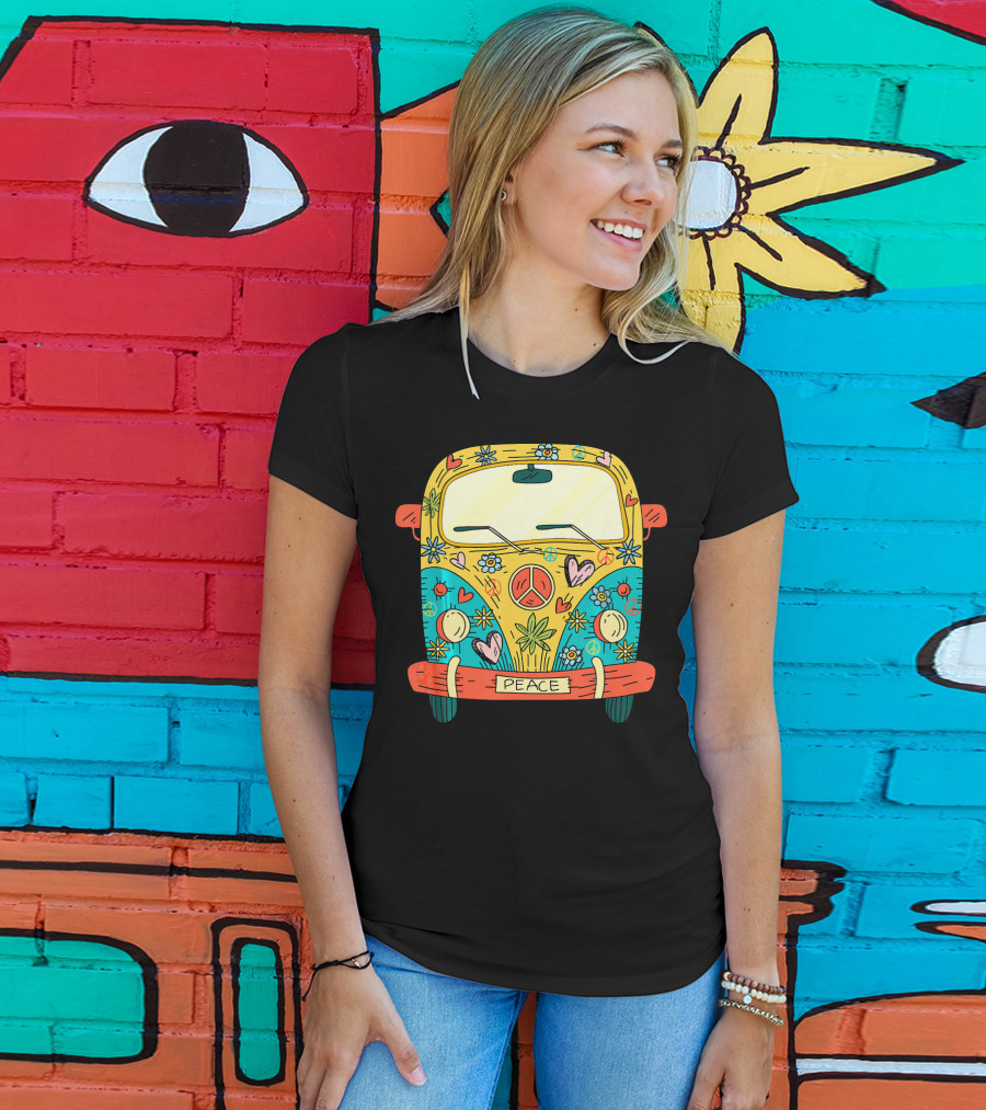 Peace Hippie Van Colorful Flowers And Hearts T-Shirt
