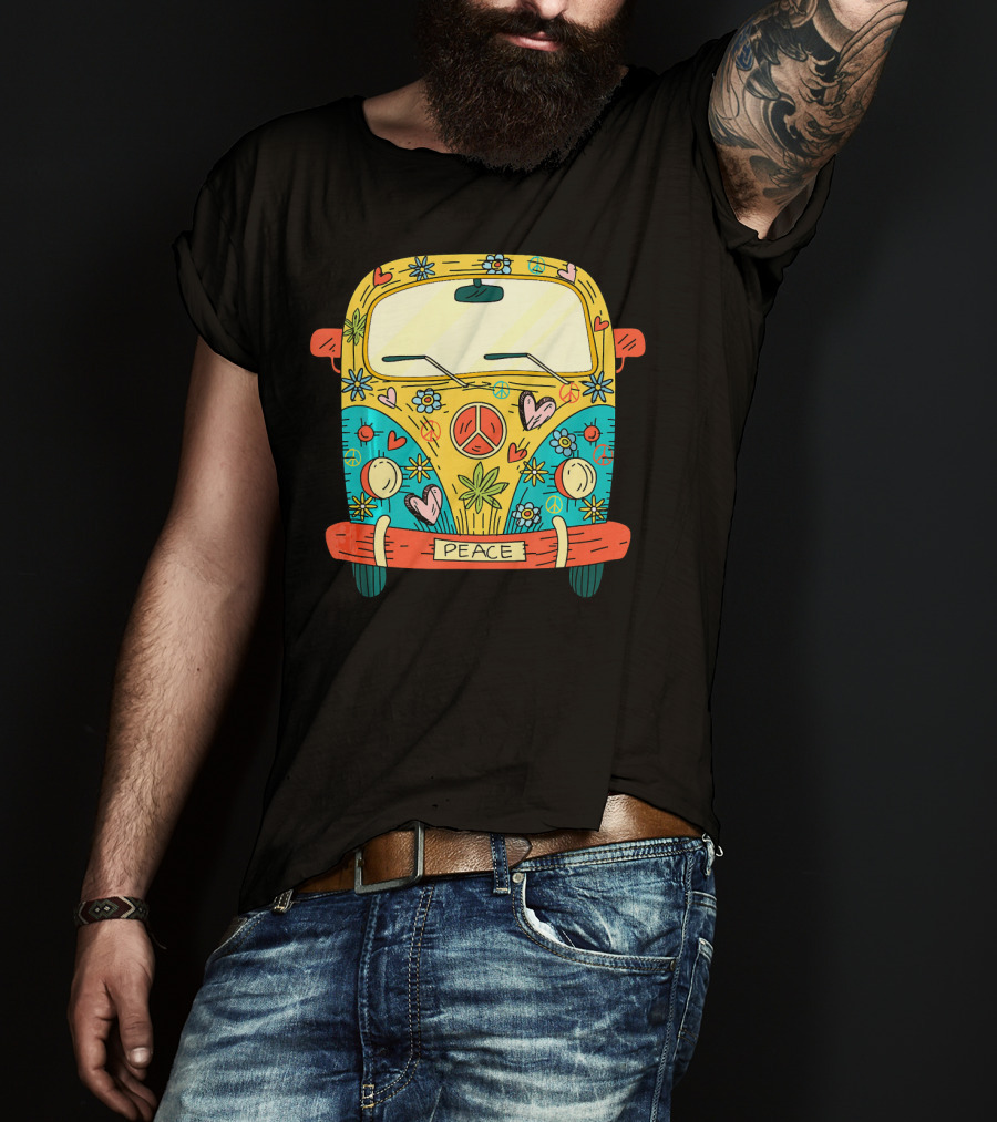 Peace Hippie Van Colorful Flowers And Hearts T-Shirt