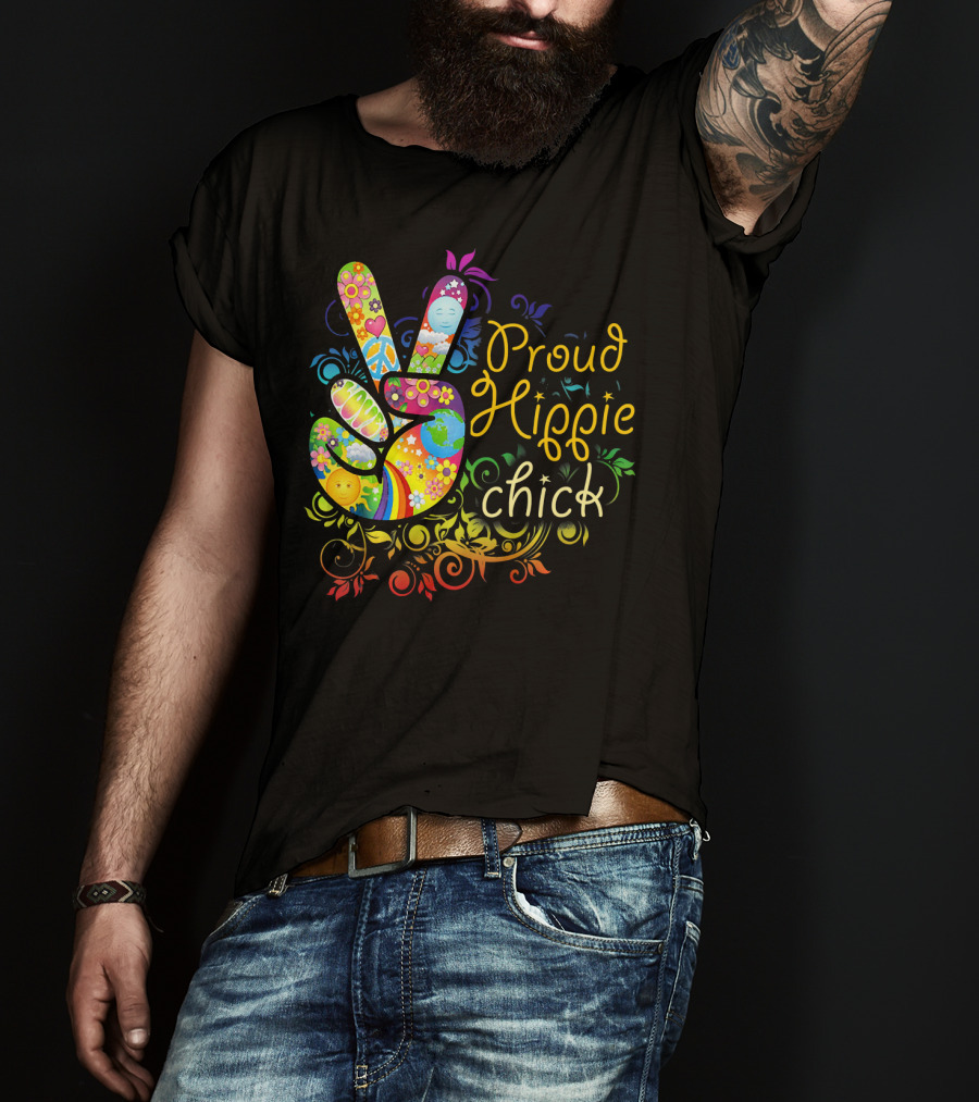 Proud Hippie Chick Peace Sign With Colorful Floral T-Shirt