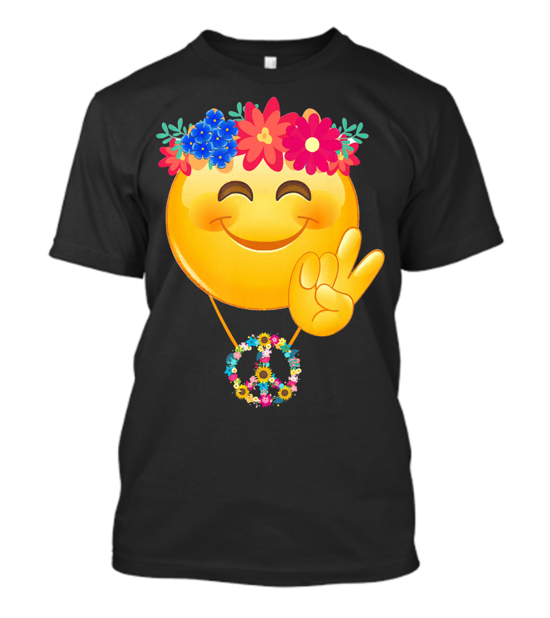 Hippie Flower Power Crown Smiley Peace Sign Necklace T-Shirt