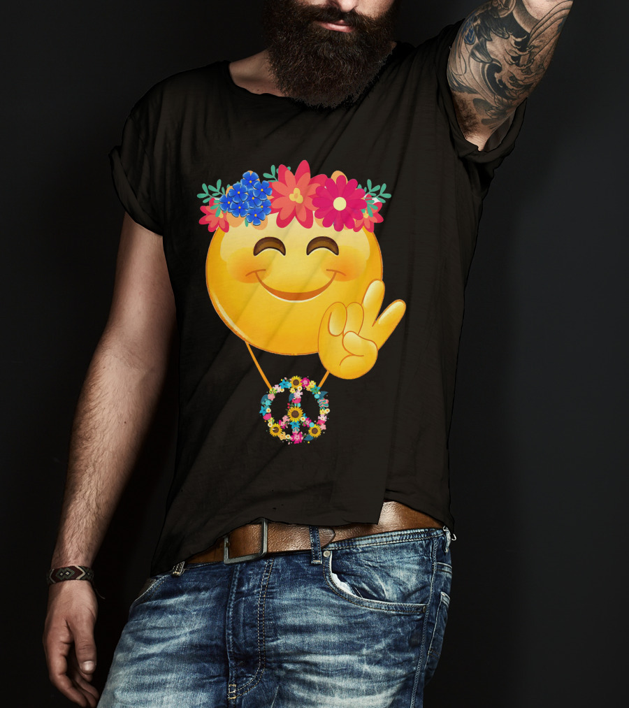 Hippie Flower Power Crown Smiley Peace Sign Necklace T-Shirt