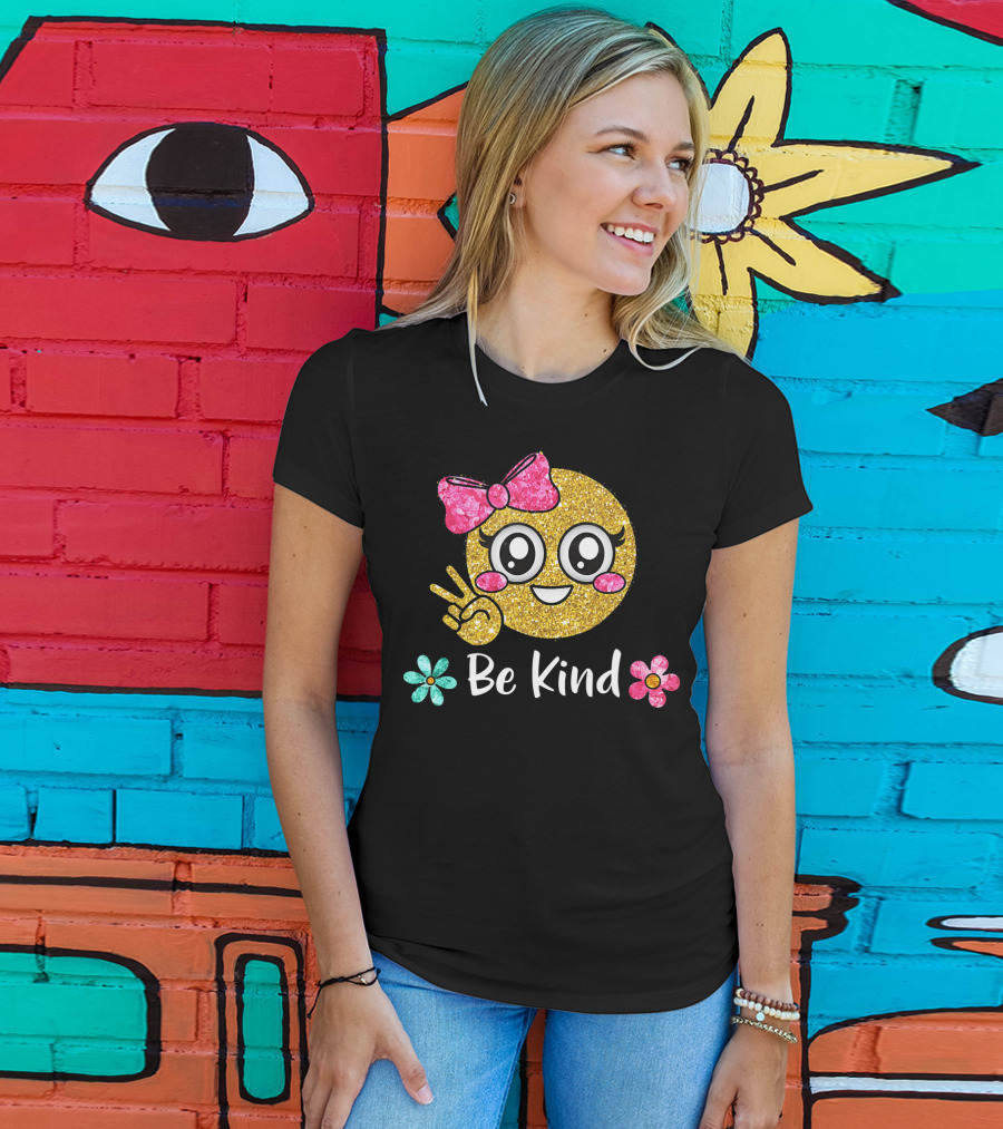 Be Kind Glitter Emoji Kawaii With Pink Bow And Flowers T-Shirt