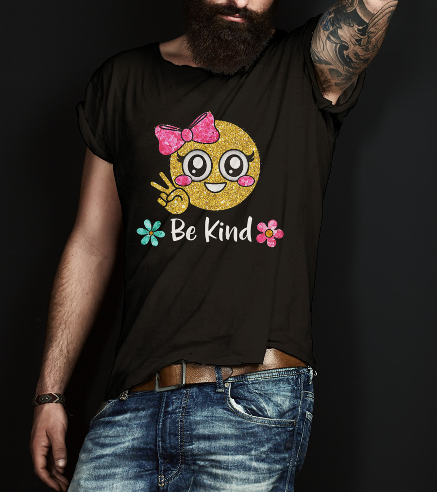 Be Kind Glitter Emoji Kawaii With Pink Bow And Flowers T-Shirt