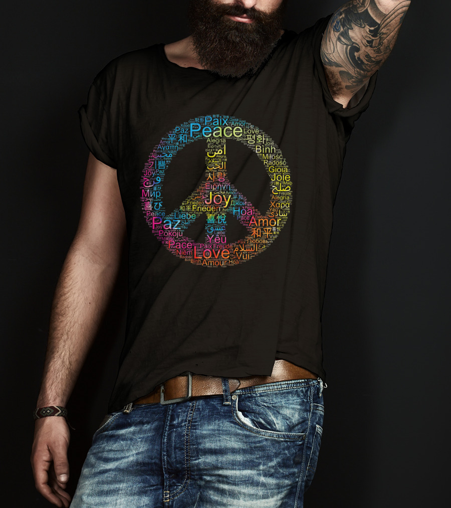 Peace Love Joy Multilingual Peace Symbol Text T-Shirt